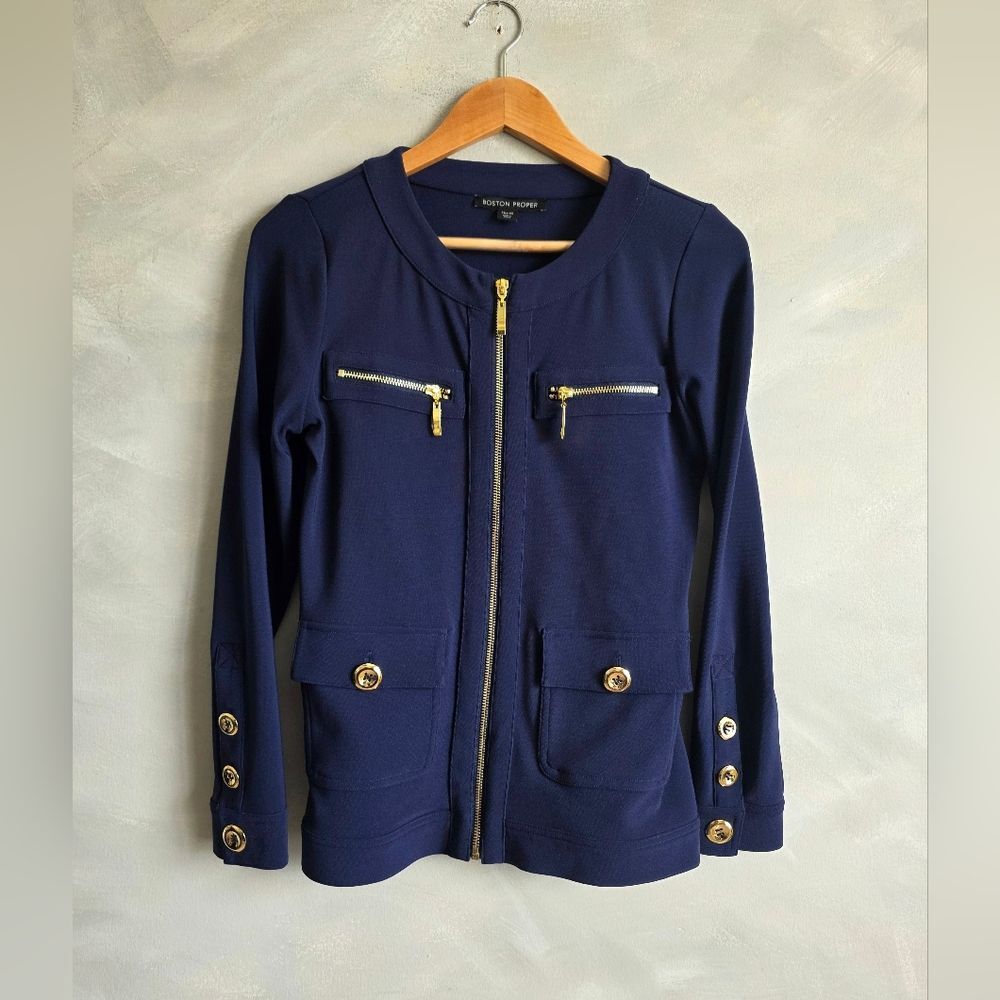 Boston Proper Maritime Navy Beyond Travel Chic Knit Jacket XS Gold Buttons